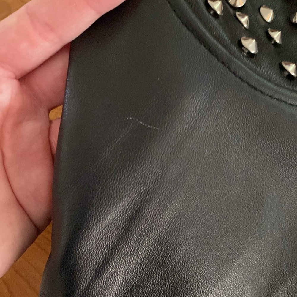 Studded Strapless Black Leather Mini Dress - Picture 6 of 16